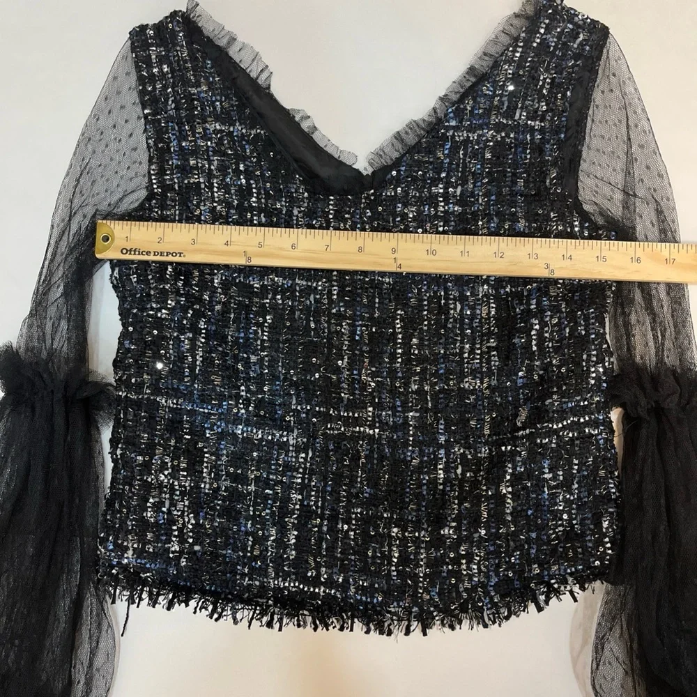 JIA Women Sheer Lace‎ Blouse Black Tiered Ruffle Sleeves Bohemian Goth Small y2k - Picture 8 of 14